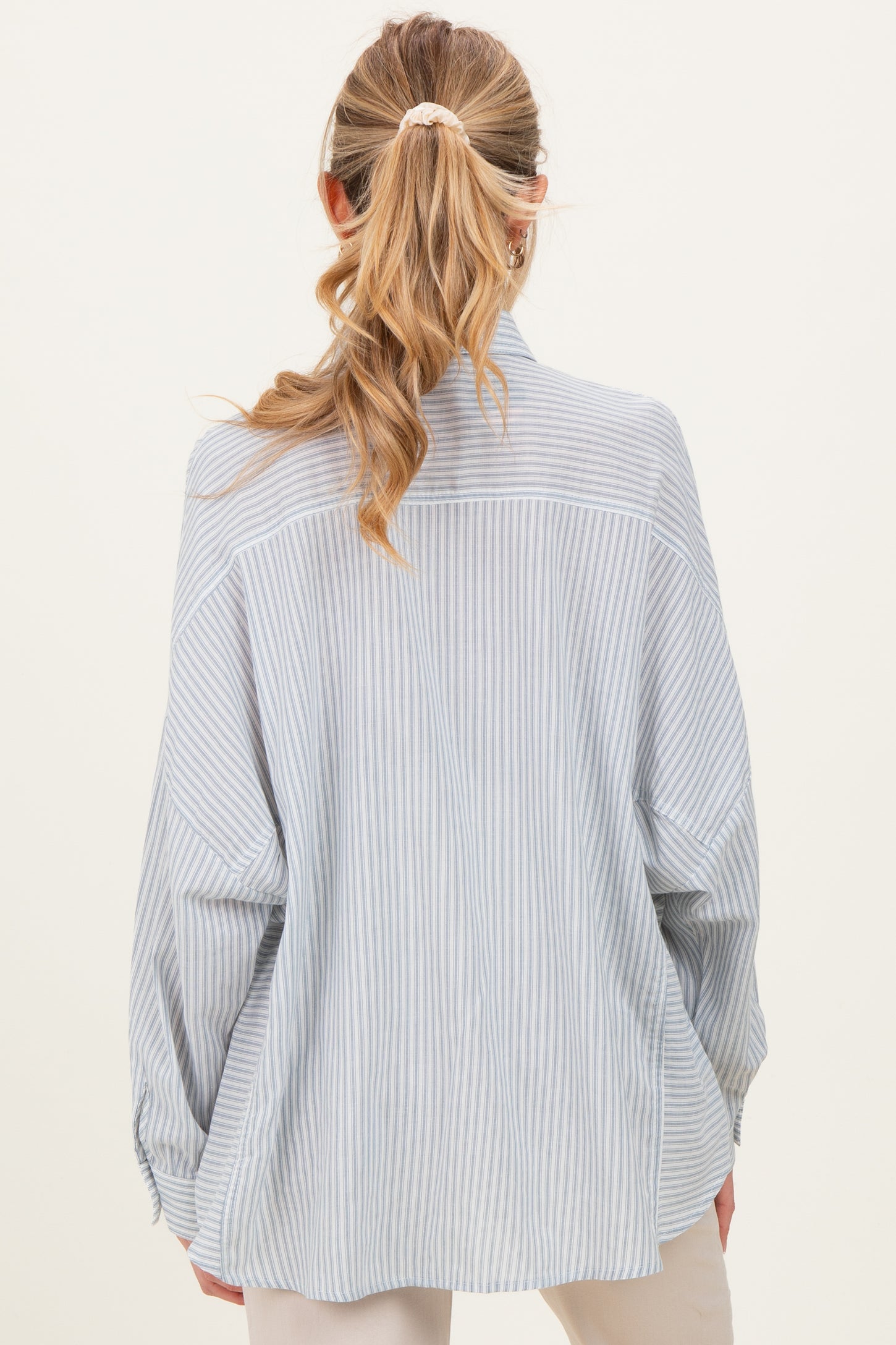 Blue Oversized Striped Button-Up Maternity Shirt