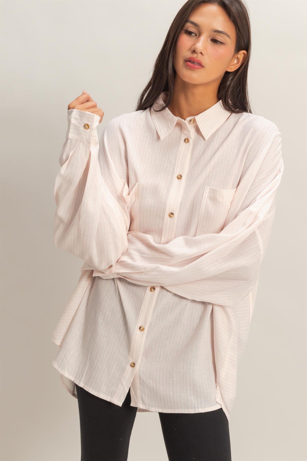 Pink Oversized Striped Button-Up Maternity Shirt