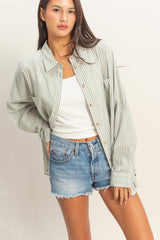 Olive Oversized Striped Button-Up Shirt