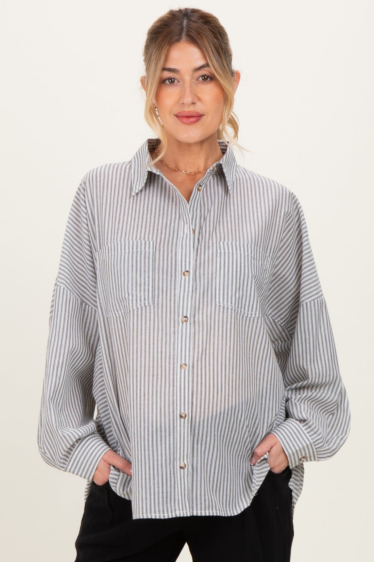 Black Oversized Striped Button-Up Maternity Shirt