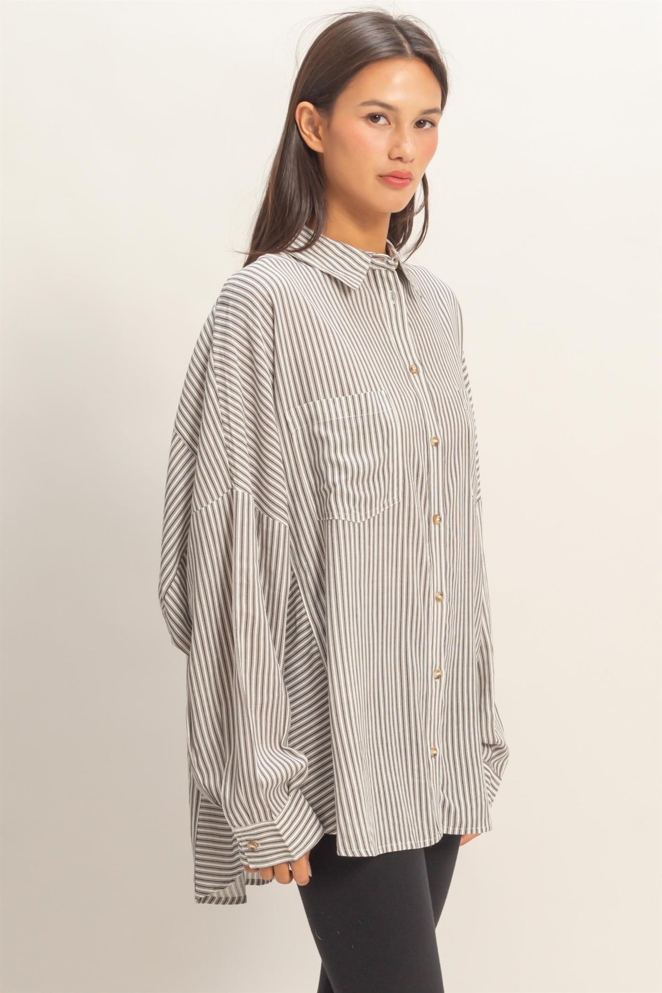 Black Oversized Striped Button-Up Shirt