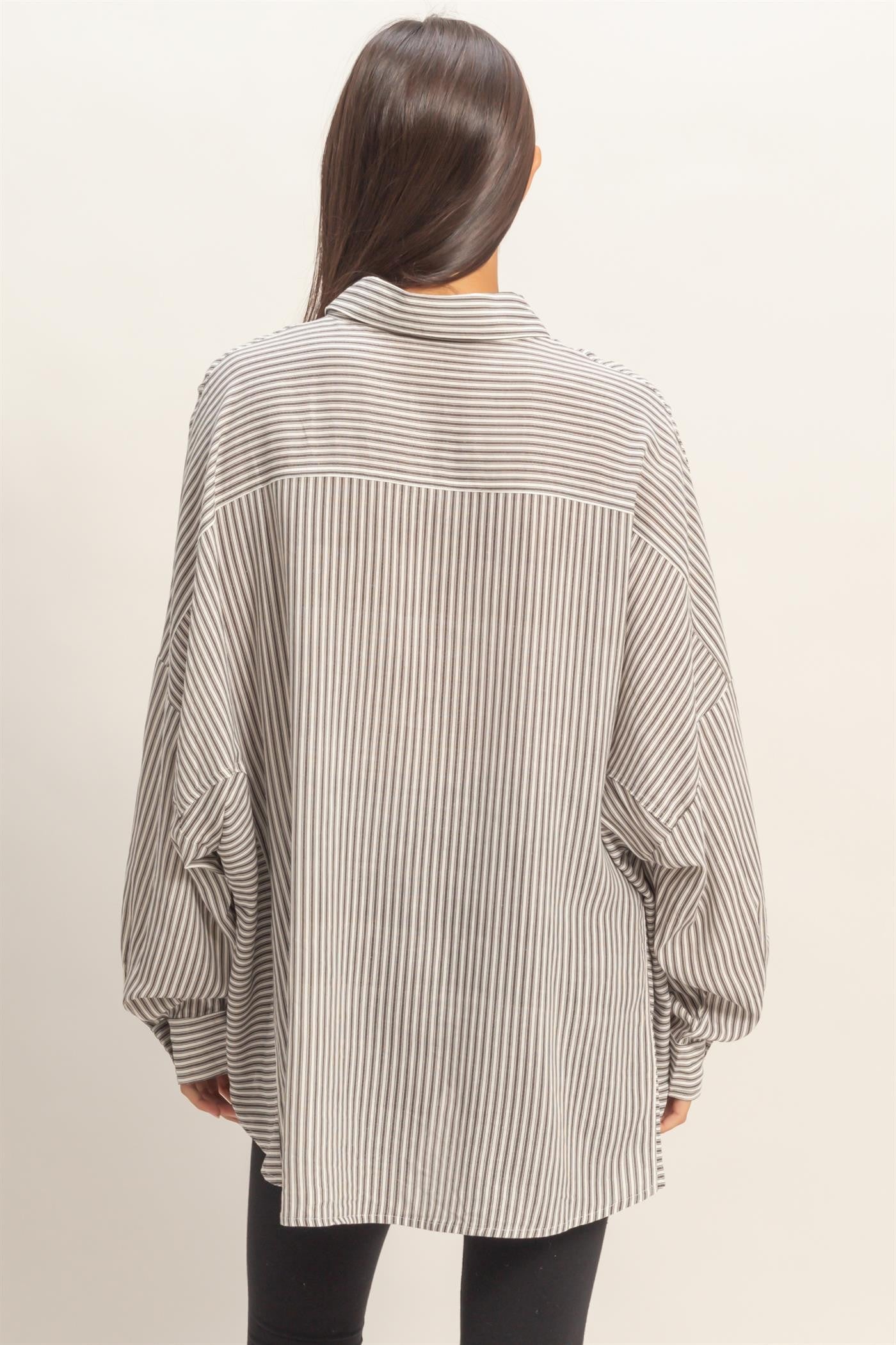 Black Oversized Striped Button-Up Shirt