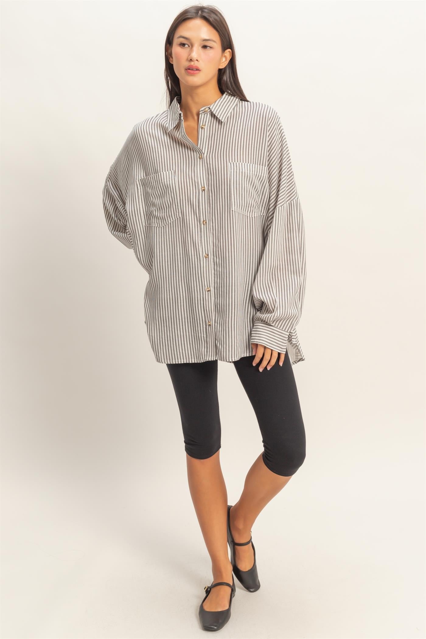 Black Oversized Striped Button-Up Shirt