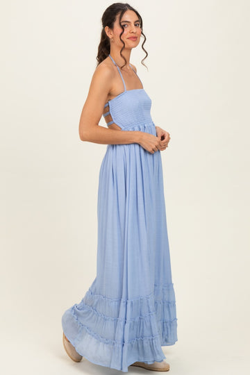 Powder Blue Smocked Halter Open Back Maxi Dress