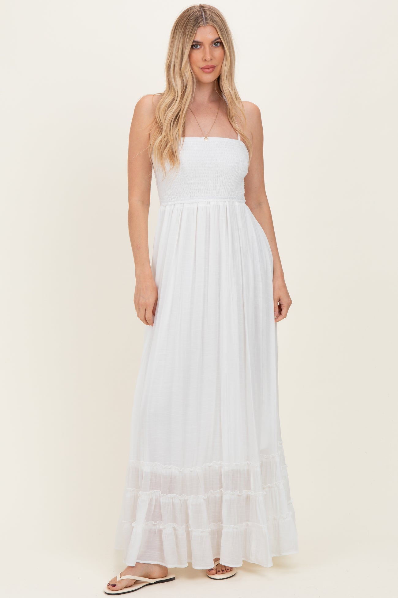 White Smocked Halter Open Back Maternity Maxi Dress