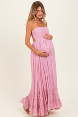 Light Pink Smocked Halter Open Back Maternity Maxi Dress
