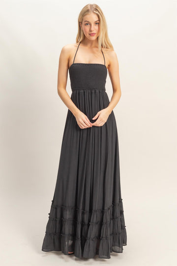 Black Smocked Halter Open Back Maxi Dress