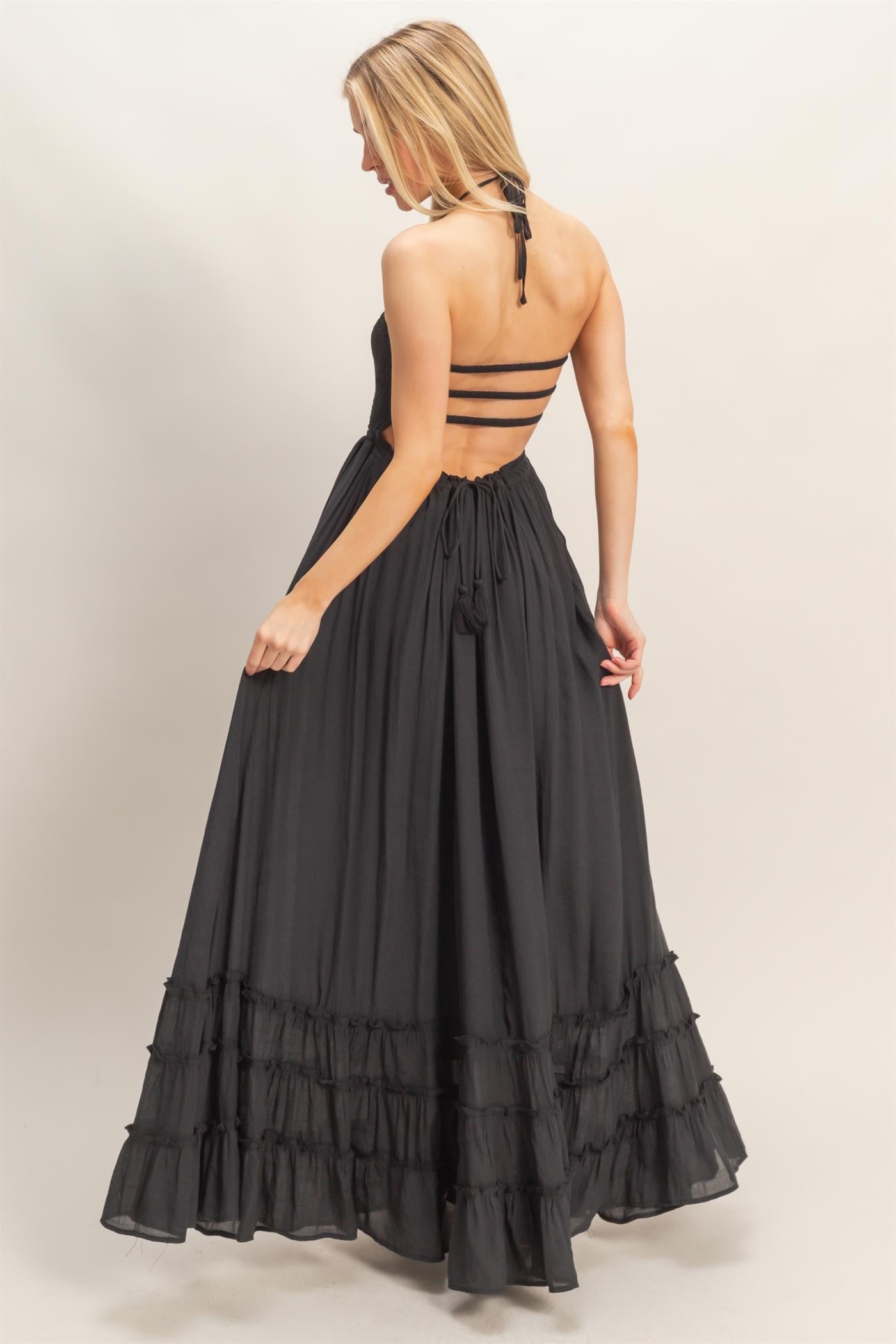 Black Smocked Halter Open Back Maxi Dress