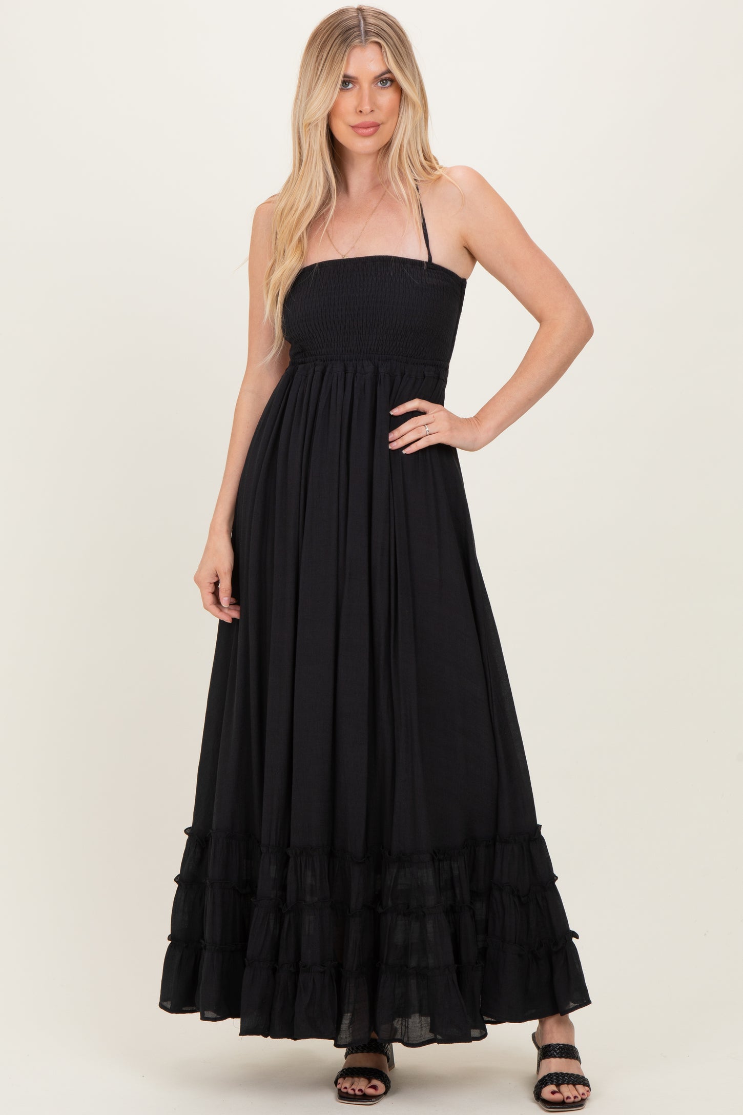 Black Smocked Halter Open Back Maternity Maxi Dress