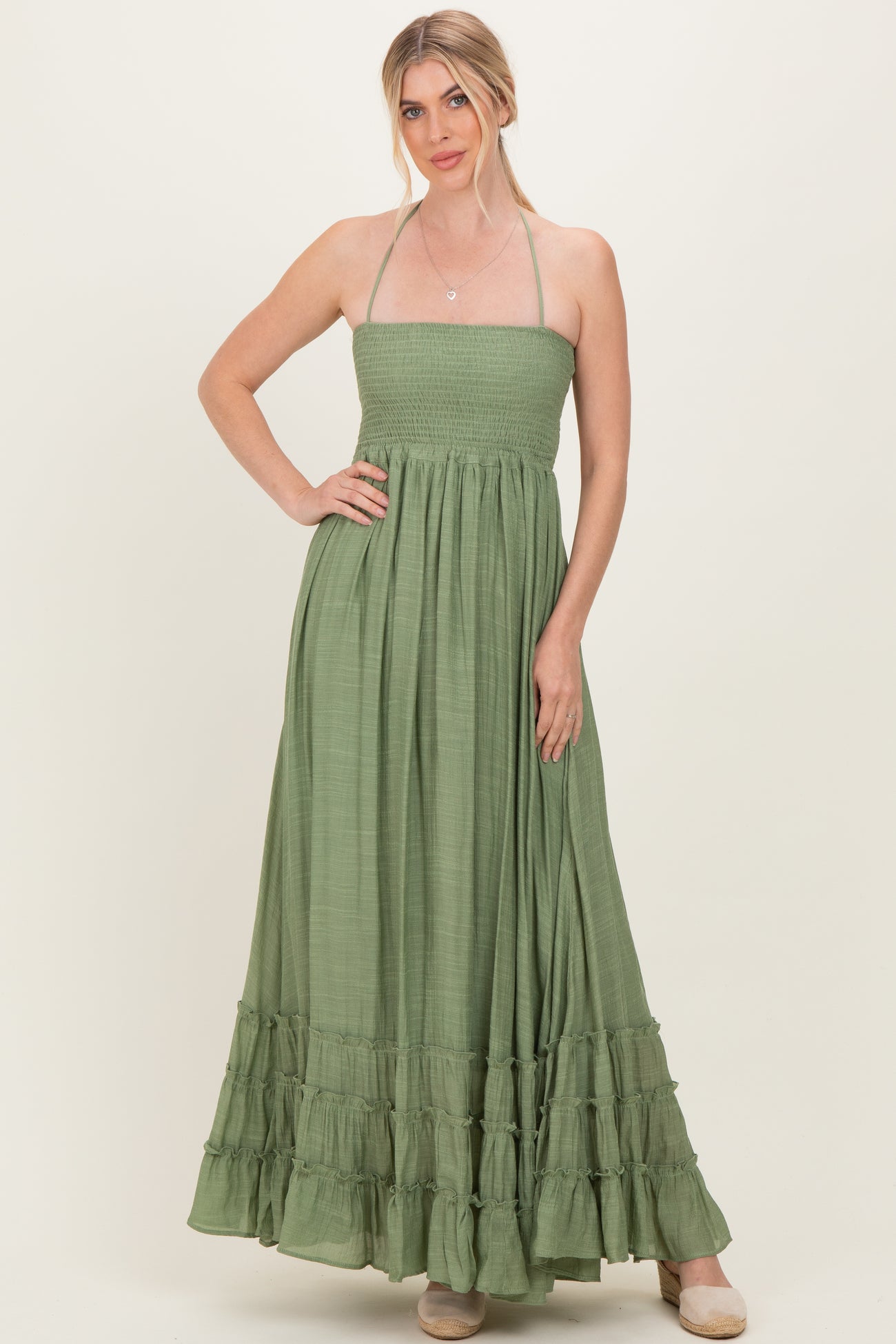 Light Olive Smocked Halter Open Back Maternity Maxi Dress