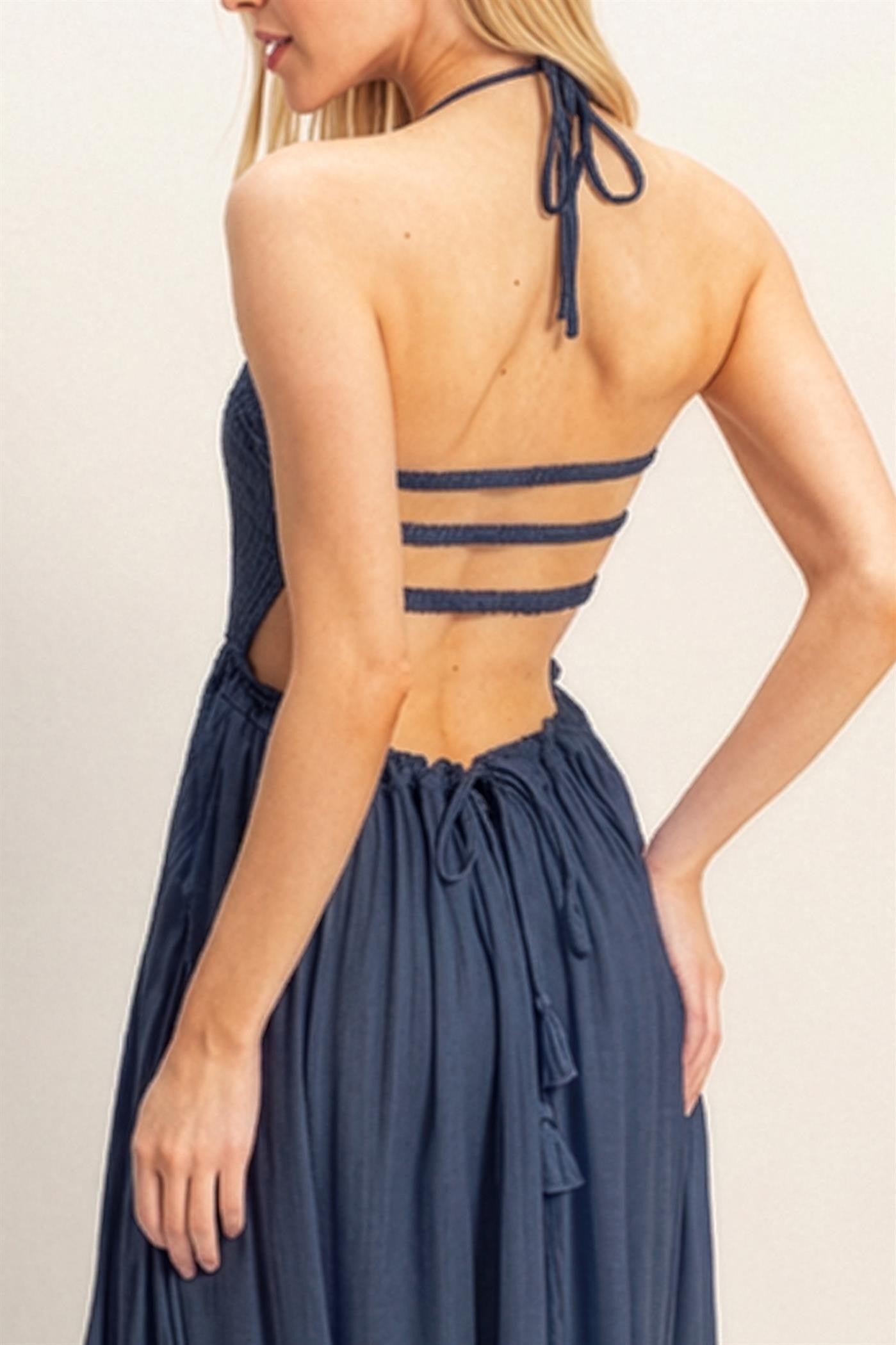 Navy Smocked Halter Open Back Maxi Dress