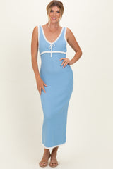 Light Blue Knit Sleeveless Contrast Trim Maxi Dress