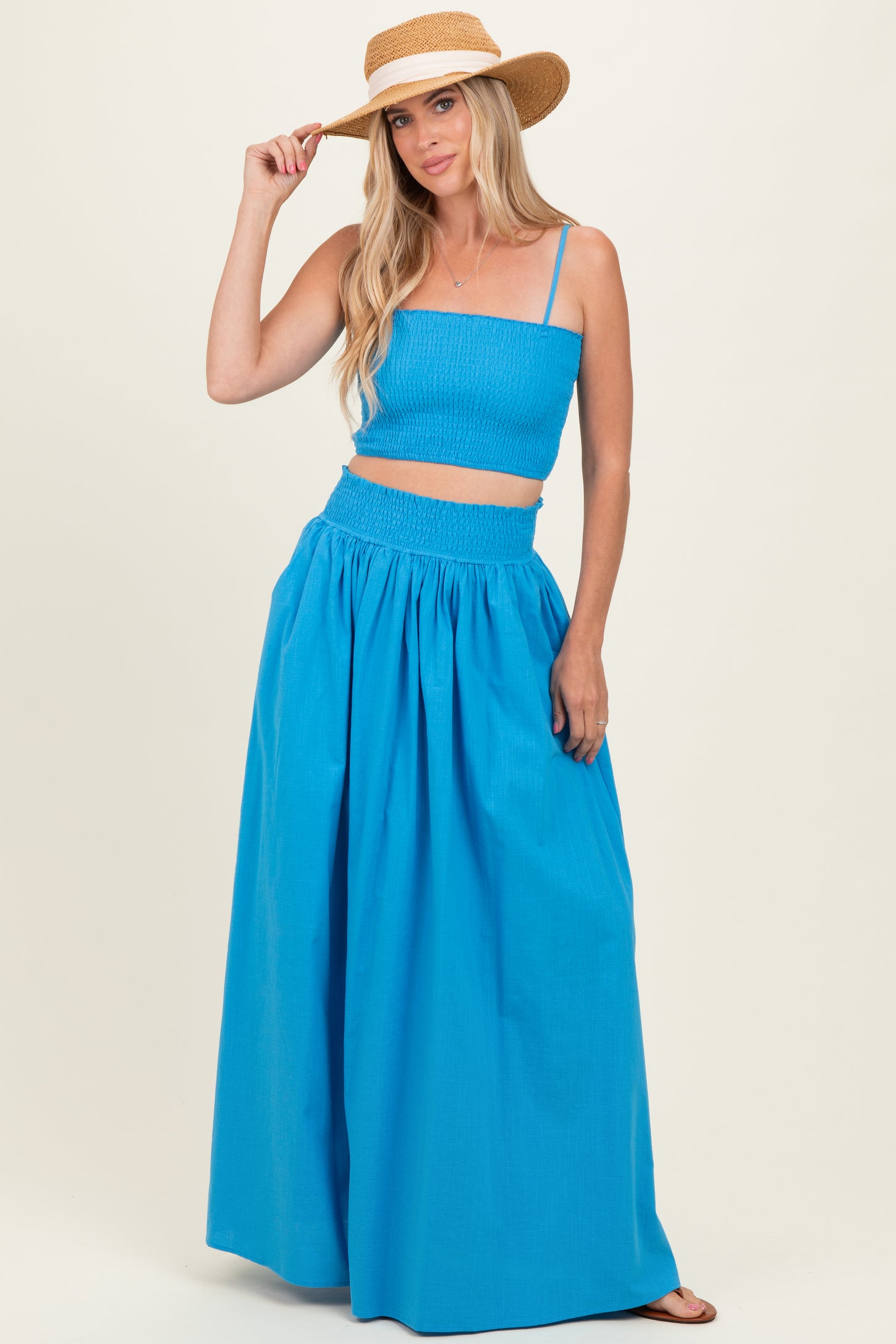 Blue Smocked Tank Maxi Skirt Maternity Set
