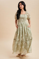 Fern Embroidered Floral Smocked Maxi Dress