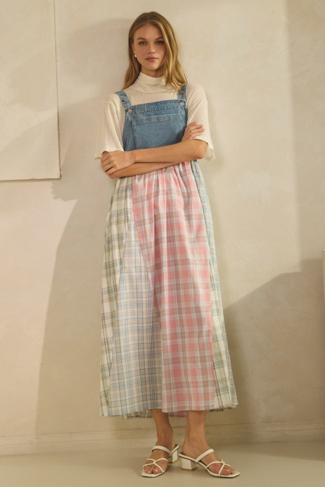 Multicolor Plaid Overall Maternity Maxi Dress