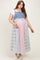 woman wearing a denim and plaid maternity maxi dress with a baby bump visible