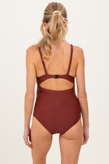 Brown Ruched Sides Front Cutout Maternity One Piece Swimsuit