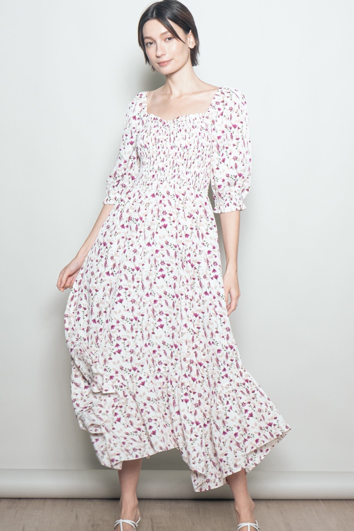 Cream Floral Smocked Handkerchief Hem Maternity Maxi Dress