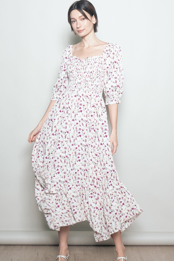 Cream Floral Smocked Handkerchief Hem Maxi Dress