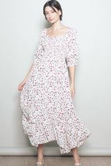 Cream Floral Smocked Handkerchief Hem Maxi Dress