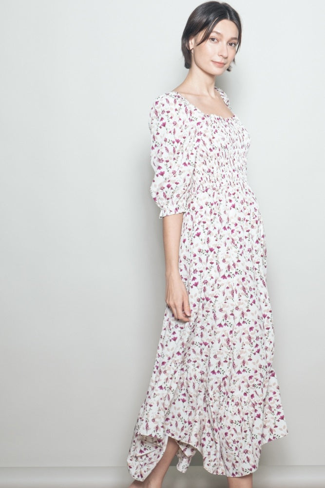 Cream Floral Smocked Handkerchief Hem Maxi Dress