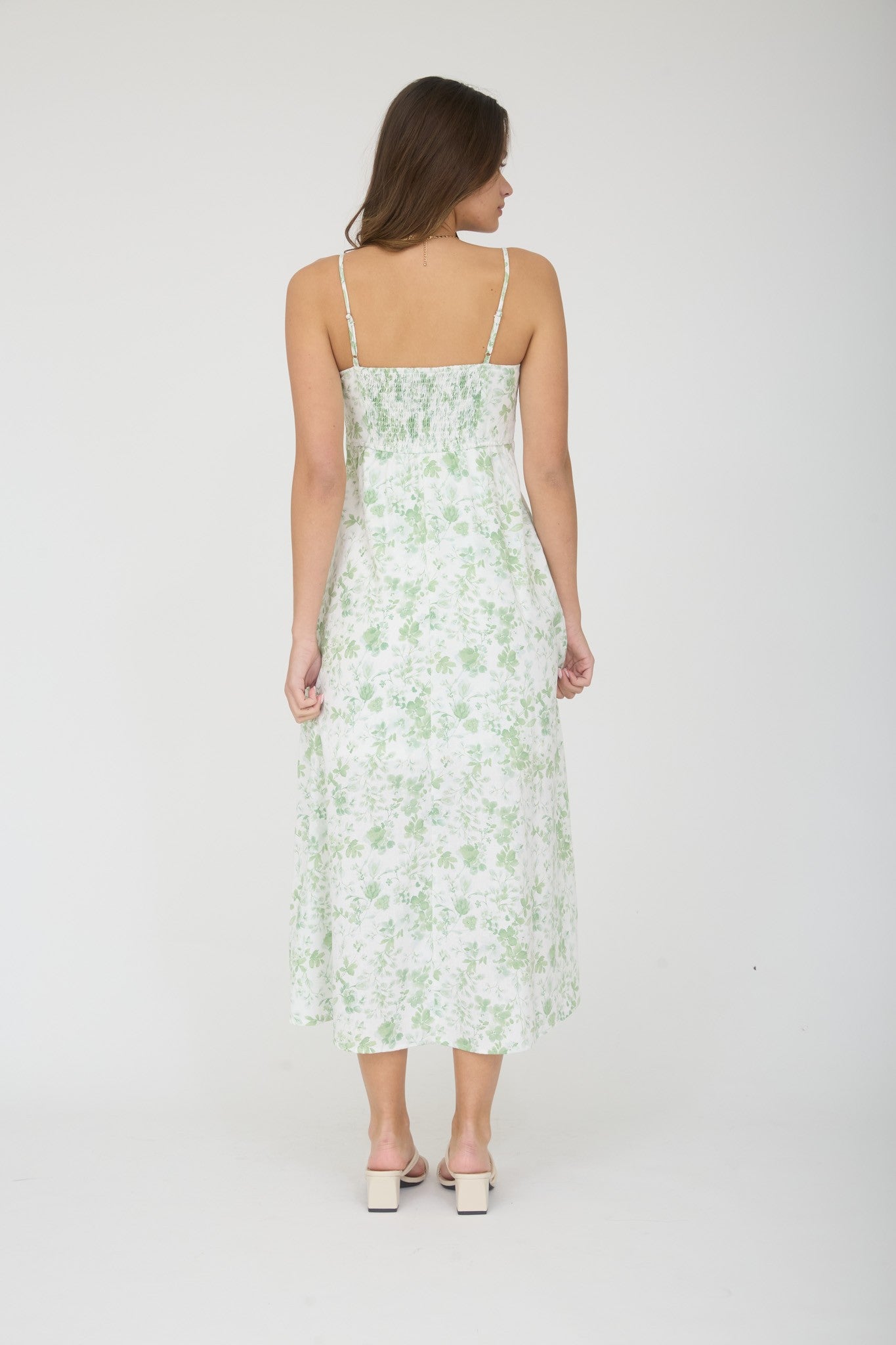Light Green Floral Sleeveless Midi Dress
