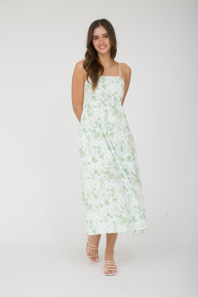 Light Green Floral Sleeveless Maternity Midi Dress