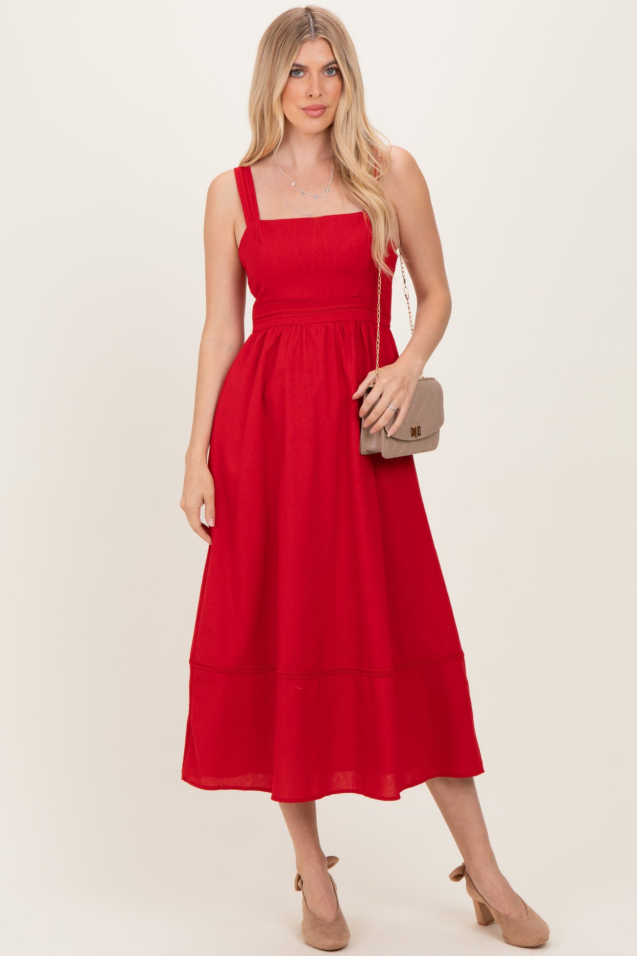 Red Linen Blend Sleeveless Maternity Midi Dress
