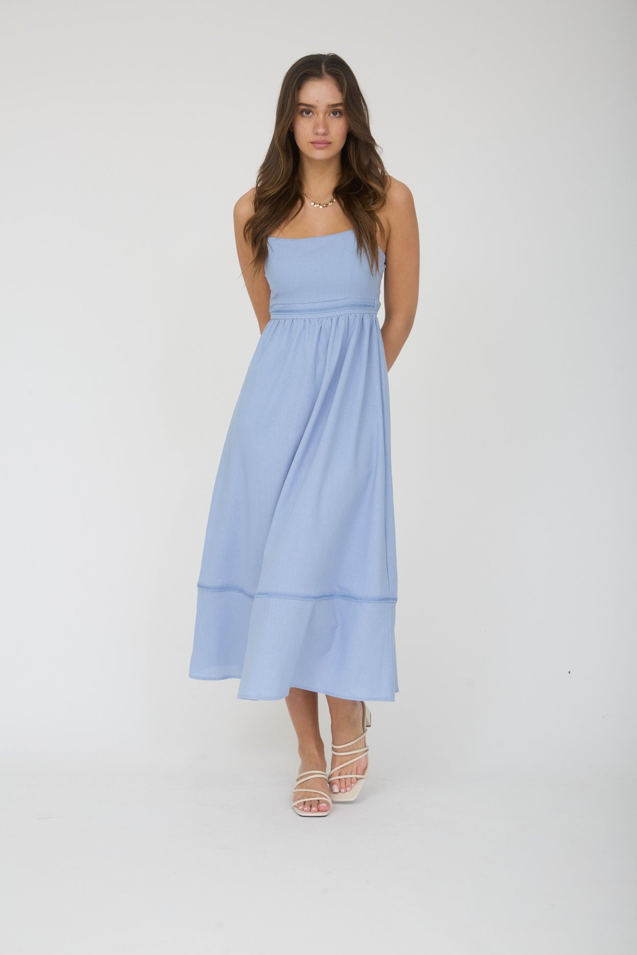 Dusty Blue Linen Blend Sleeveless Maternity Midi Dress