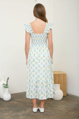 Blue Floral Smocked Sleeveless Midi Dress