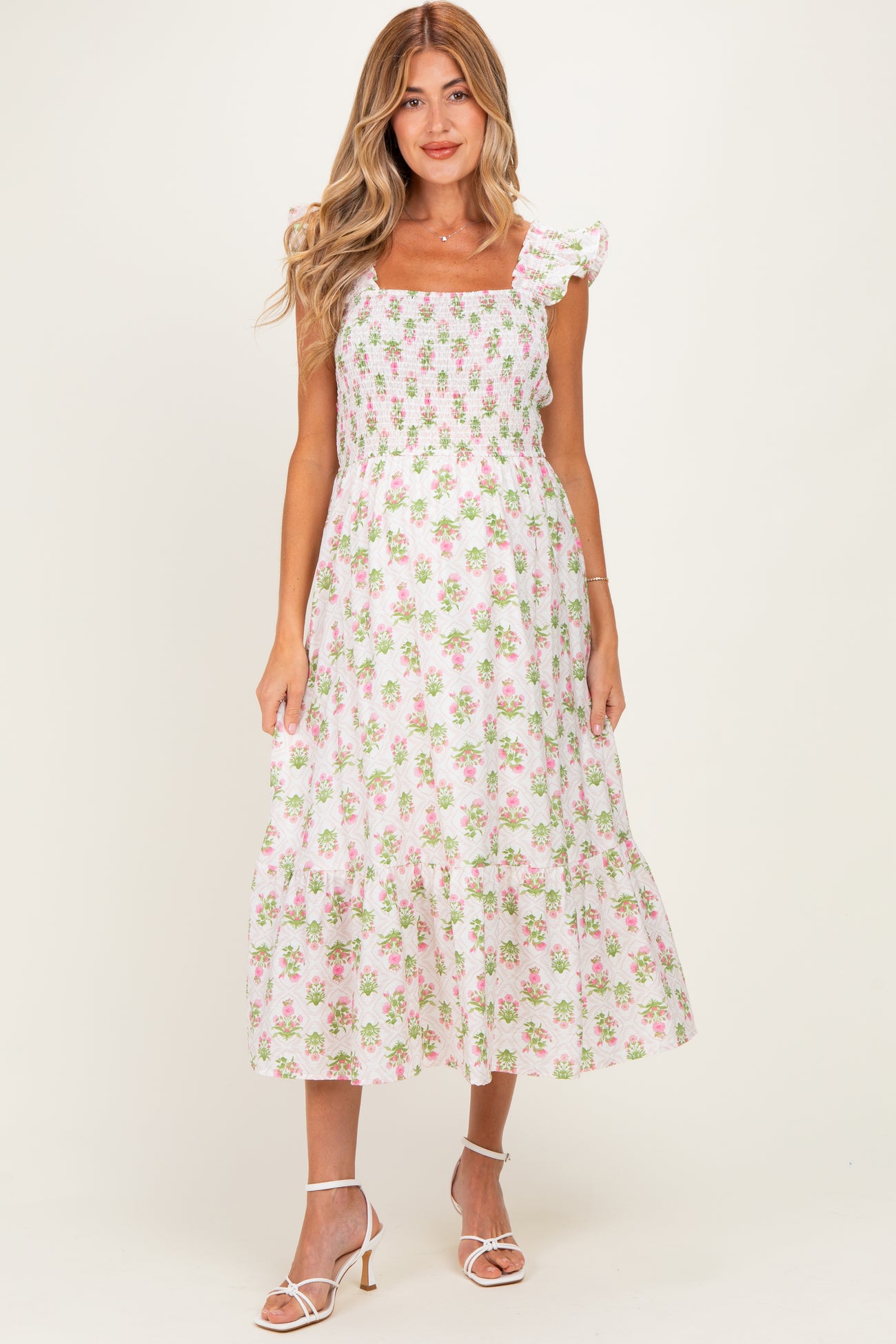 Pink Floral Smocked Sleeveless Maternity Midi Dress