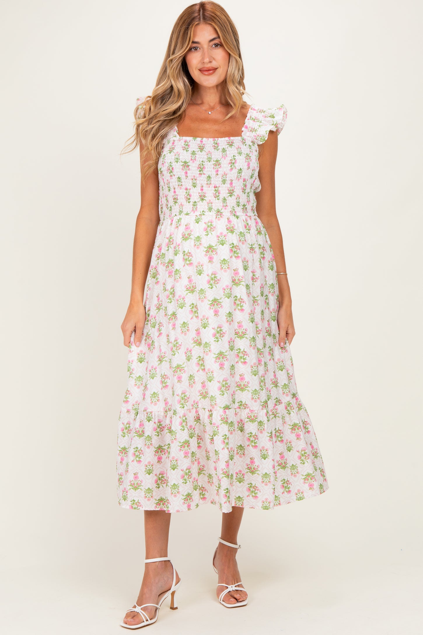 Pink Floral Smocked Sleeveless Maternity Midi Dress