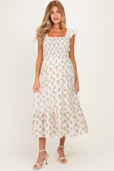 Pink Floral Smocked Sleeveless Maternity Midi Dress