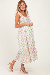 Pink Floral Smocked Sleeveless Maternity Midi Dress