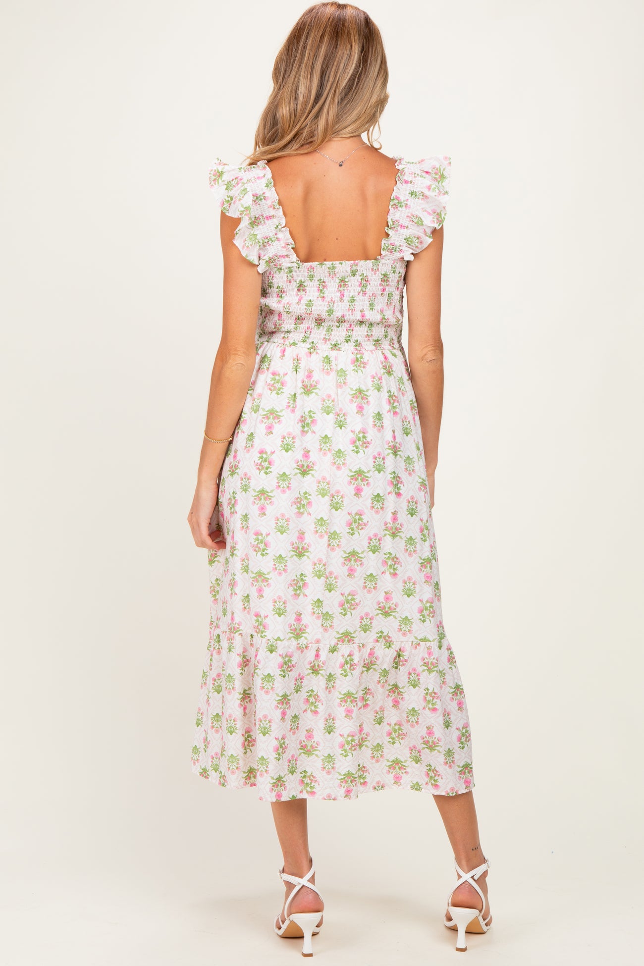Pink Floral Smocked Sleeveless Maternity Midi Dress