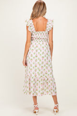 Pink Floral Smocked Sleeveless Maternity Midi Dress