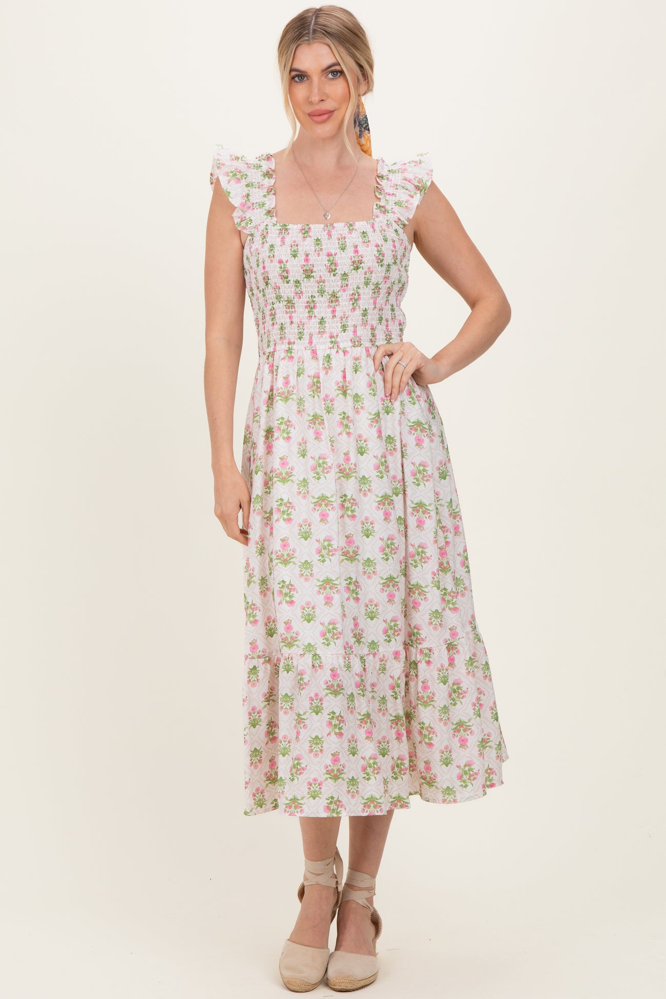 Pink Floral Smocked Sleeveless Maternity Midi Dress