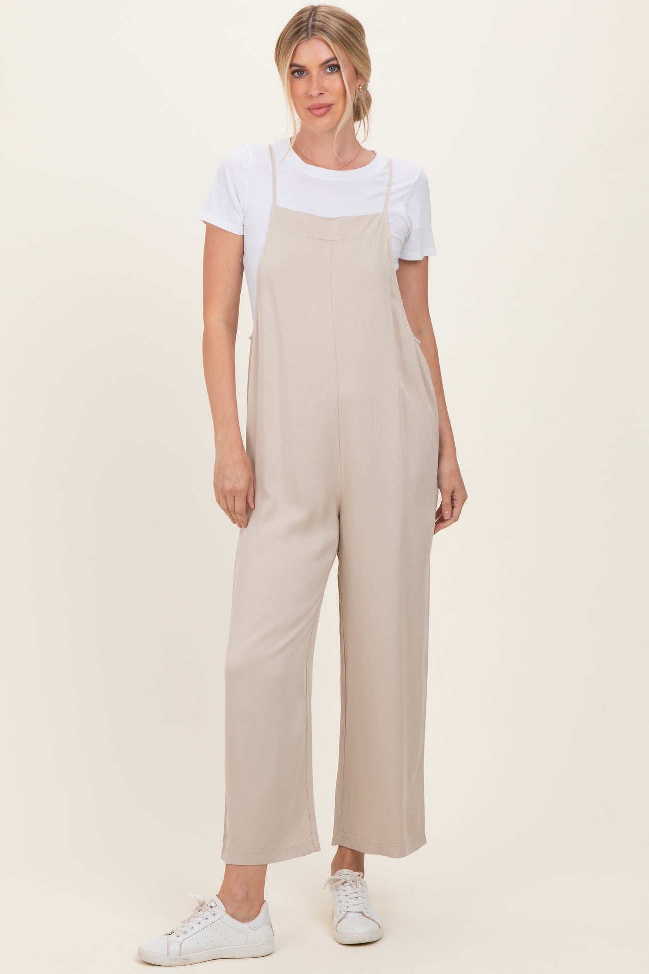 Sand Beige Wide Leg Maternity Jumpsuit