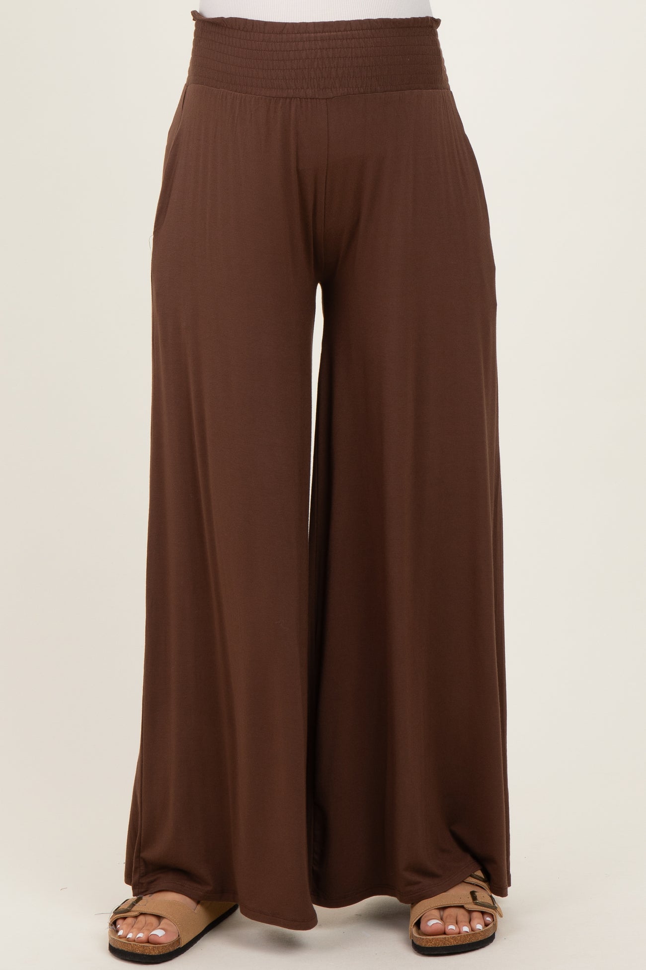 Brown Smocked Waist Wide Leg Maternity Pants