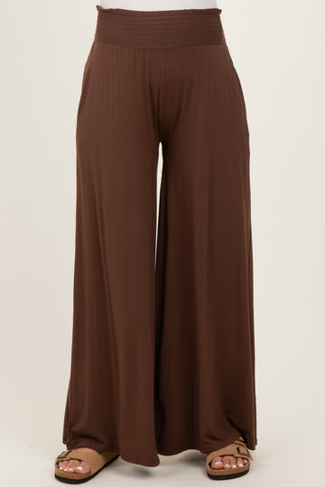 Brown Smocked Waist Wide Leg Maternity Pants
