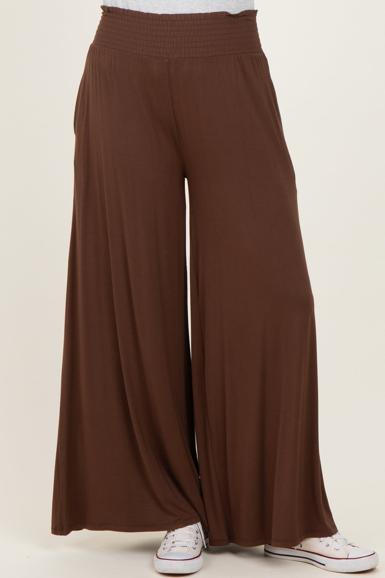 Brown Smocked Waist Wide Leg Pants
