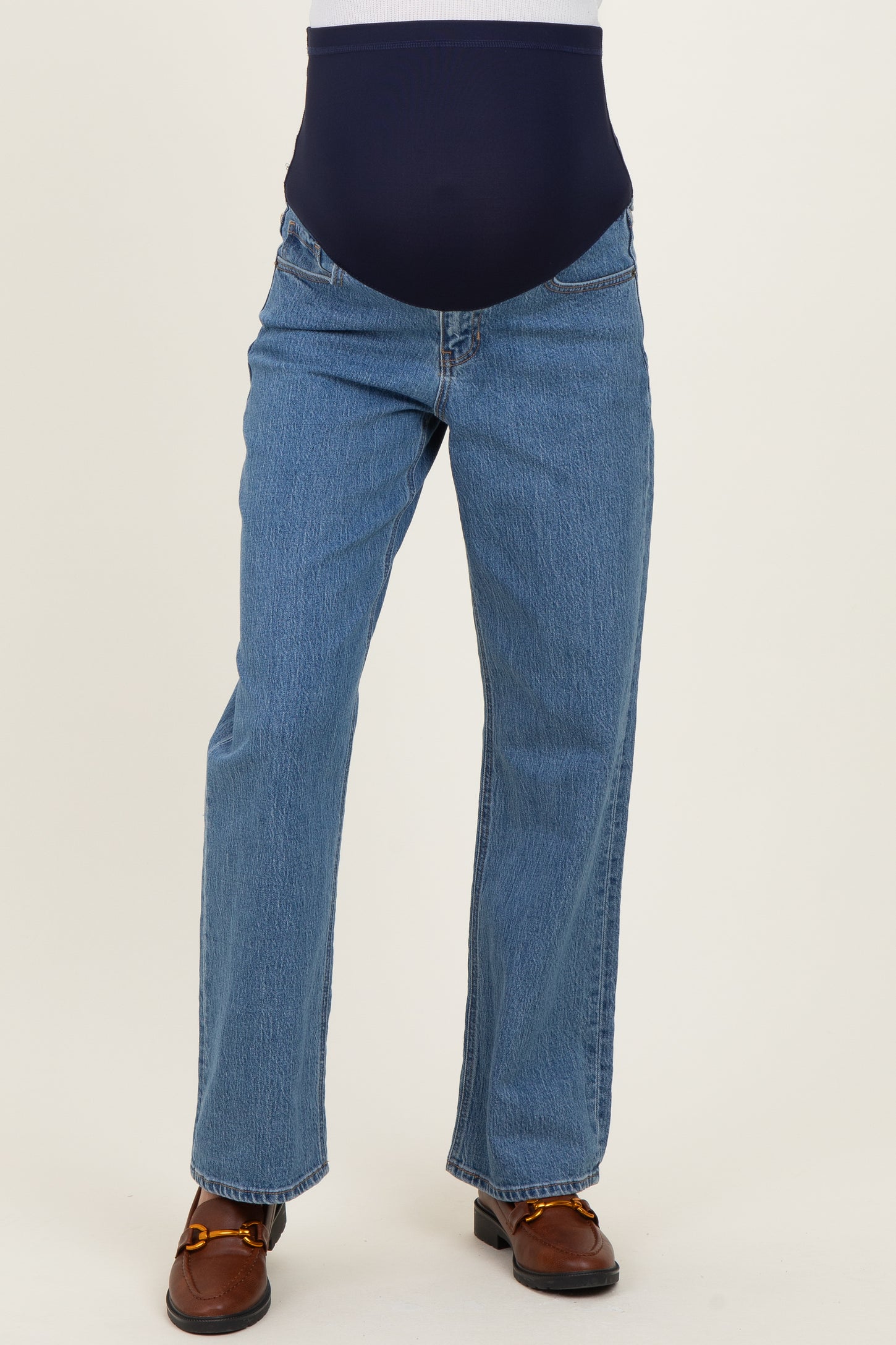 maternity wear blue straight leg jeans with a navy over-the-bump panel