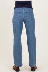 maternity wear blue straight leg jeans with a stretchy dark blue waistband, shown from the back