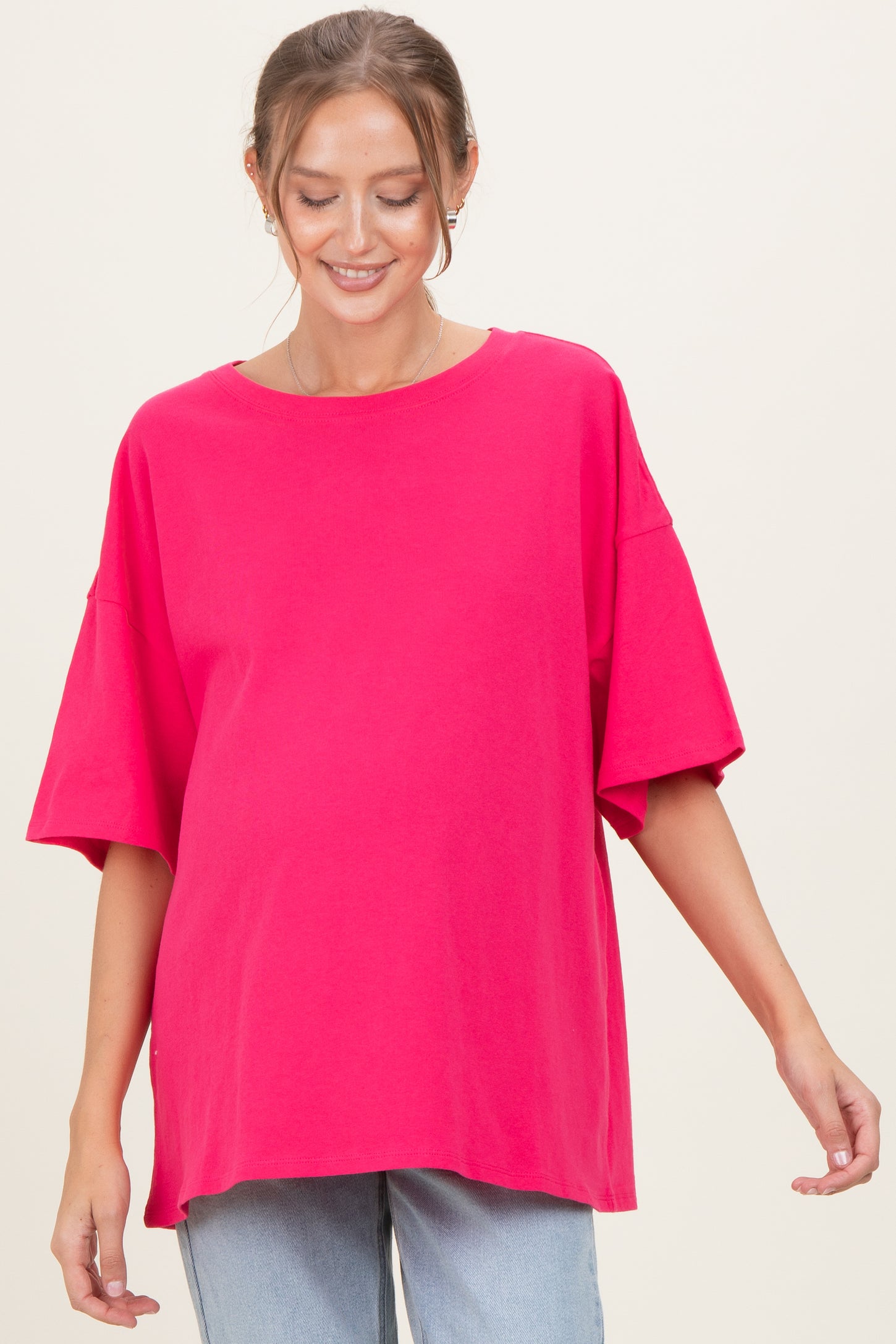 Hot Pink Cotton Oversized Maternity Tee