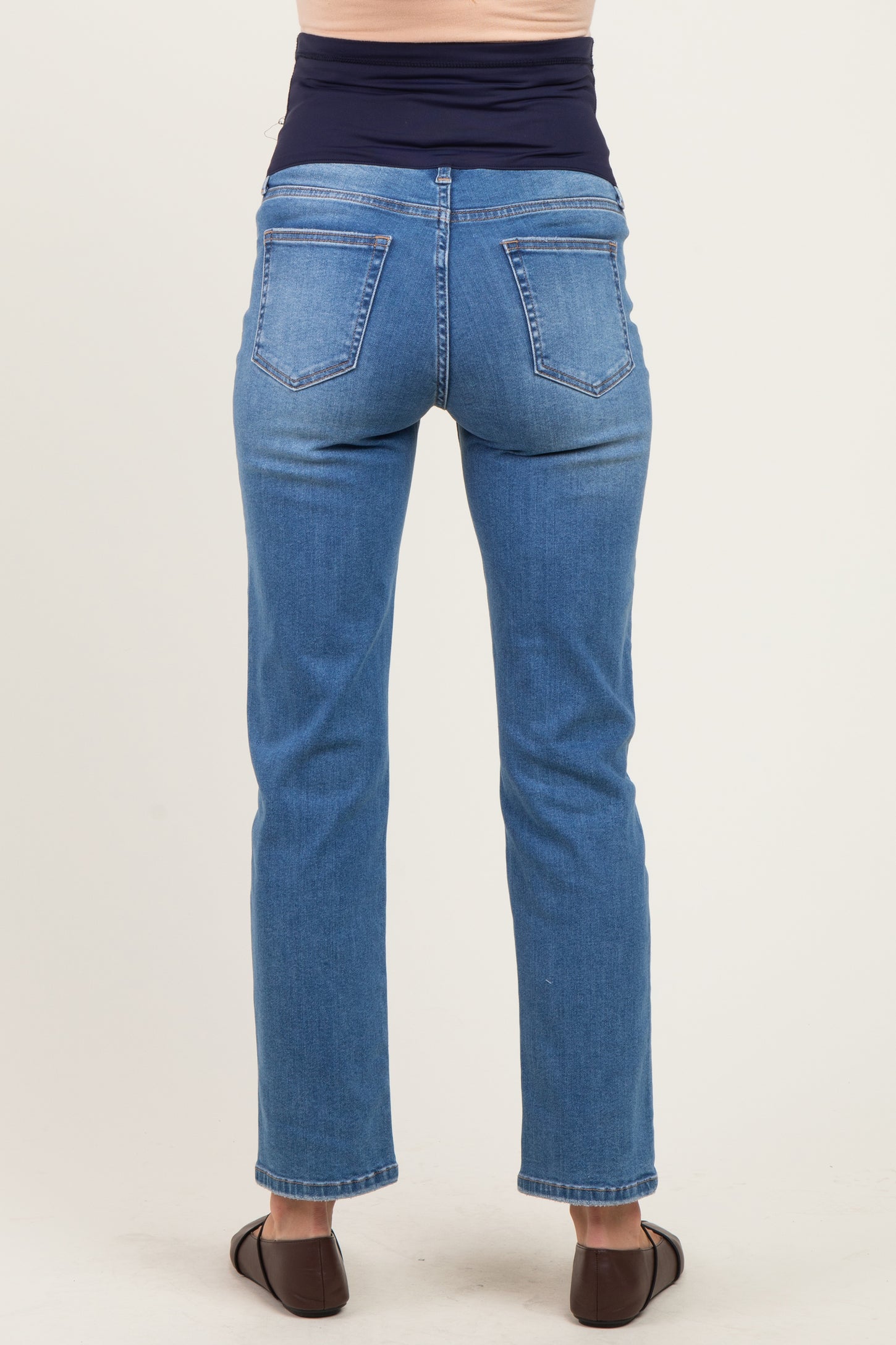 maternity wear blue straight leg jeans with a high waistband, viewed from the back