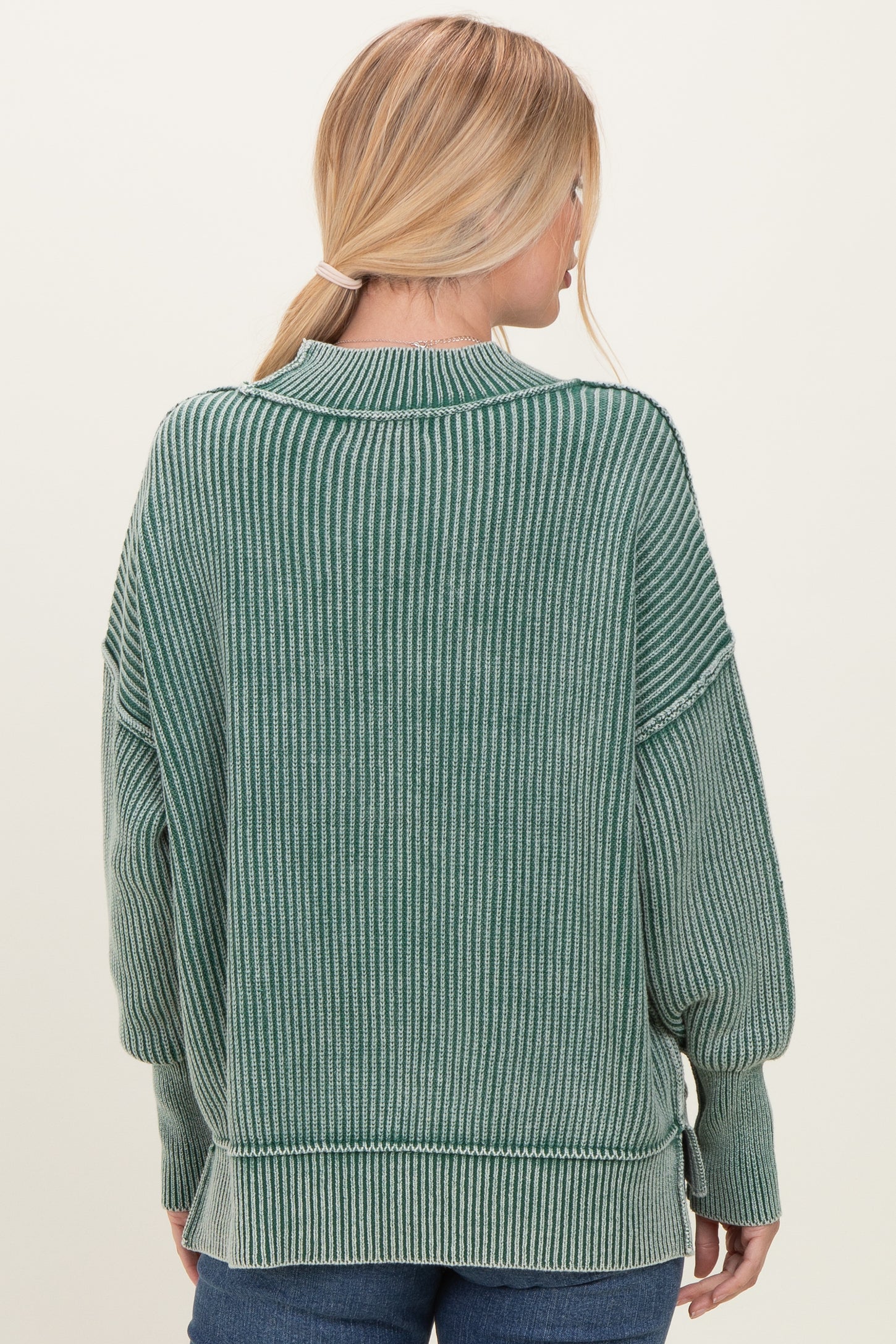 Dark Green Washed Side Slit Oversized Sweater