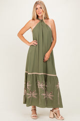 Olive Embroidered Halter Maternity Maxi Dress