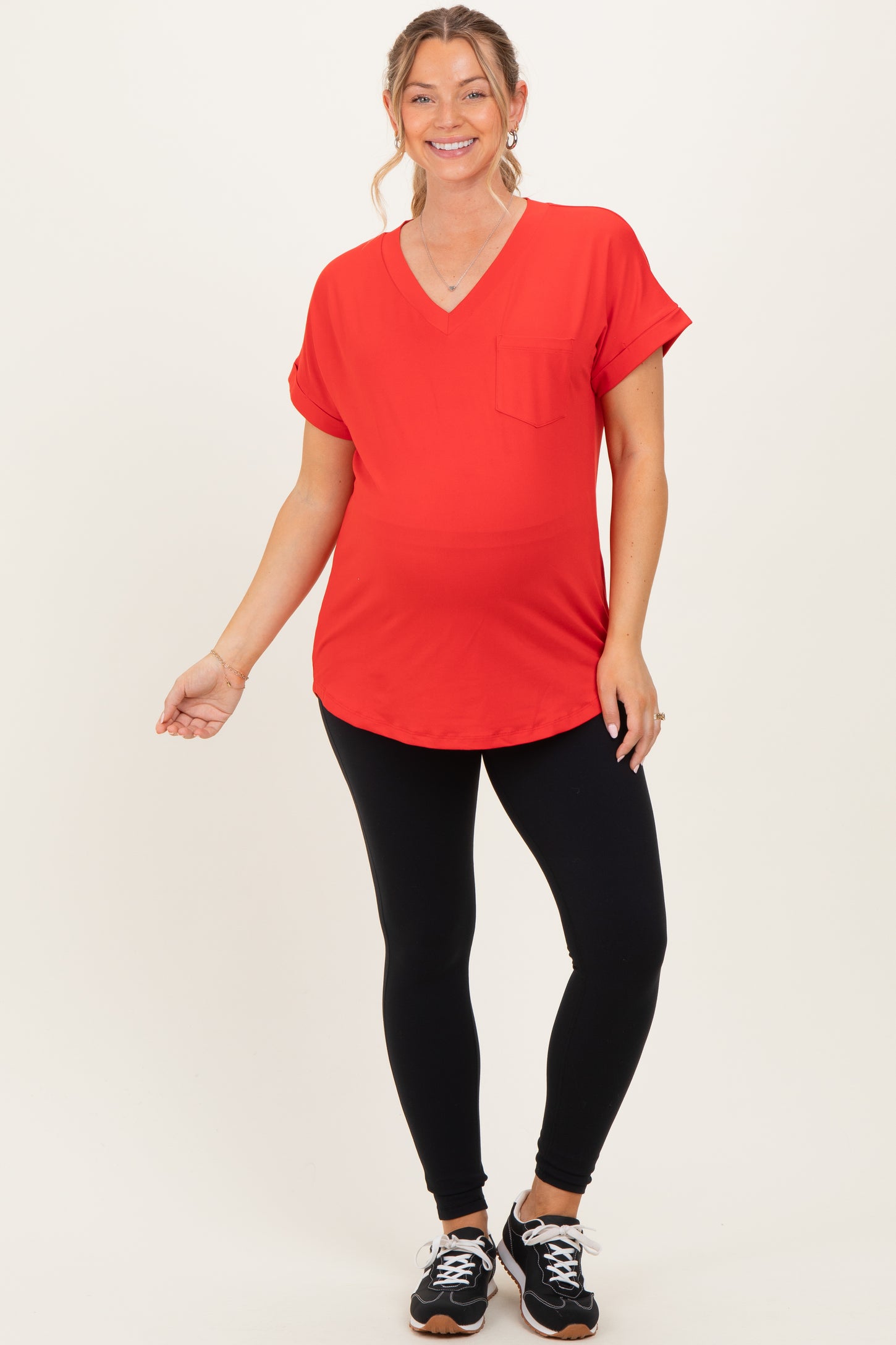 Red V-Neck Pocket Short Sleeve Maternity Shirt