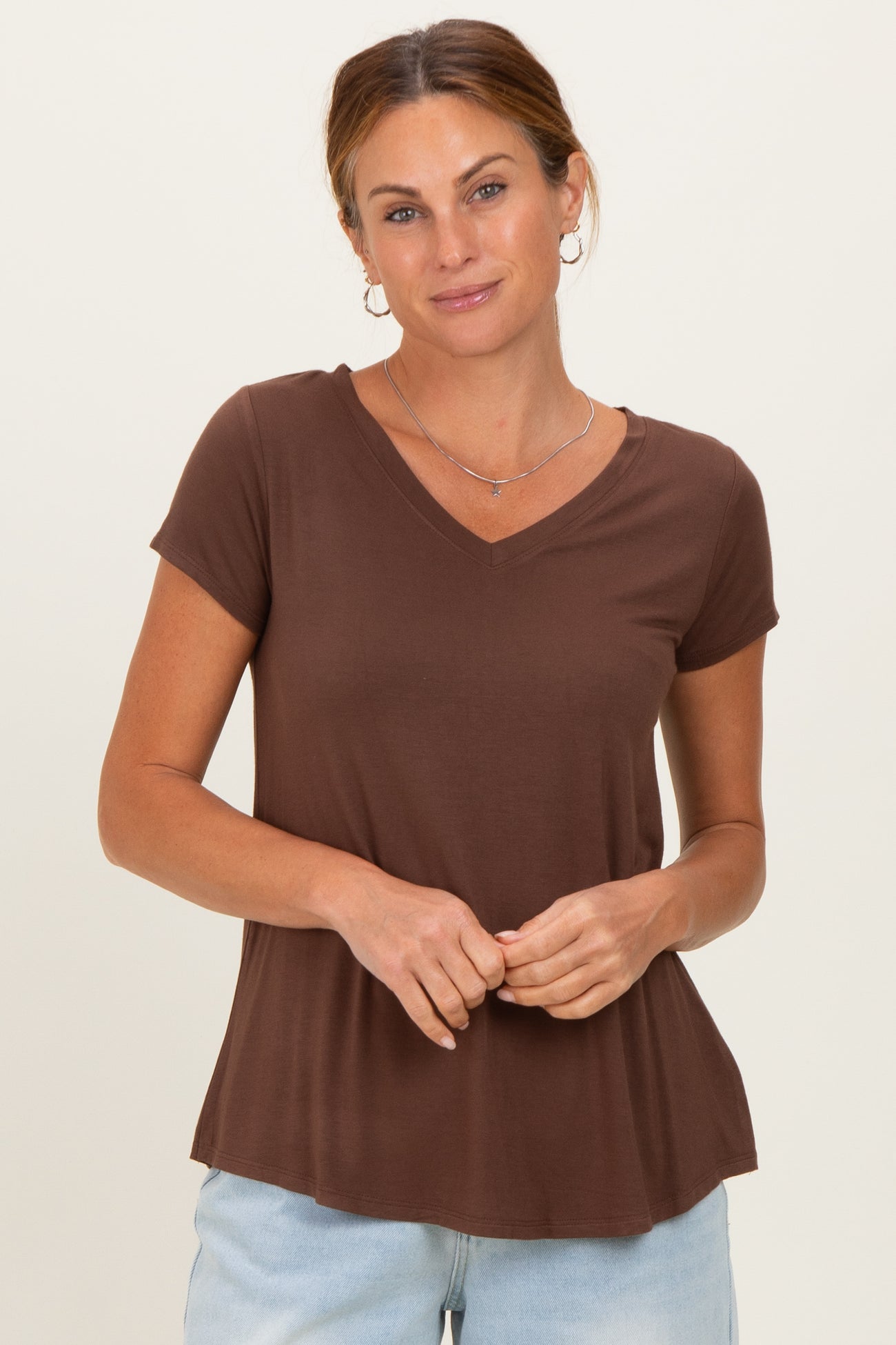 Brown Basic V-Neck Short Sleeve Maternity Top