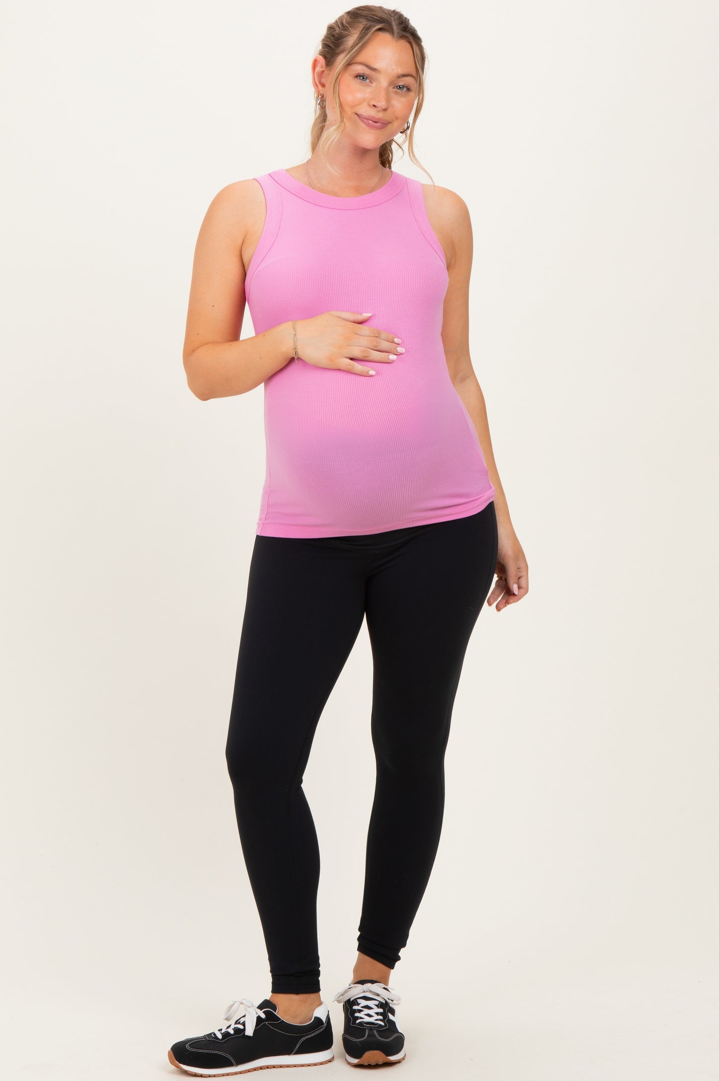 Pink Ribbed High Neck Maternity Tank Top